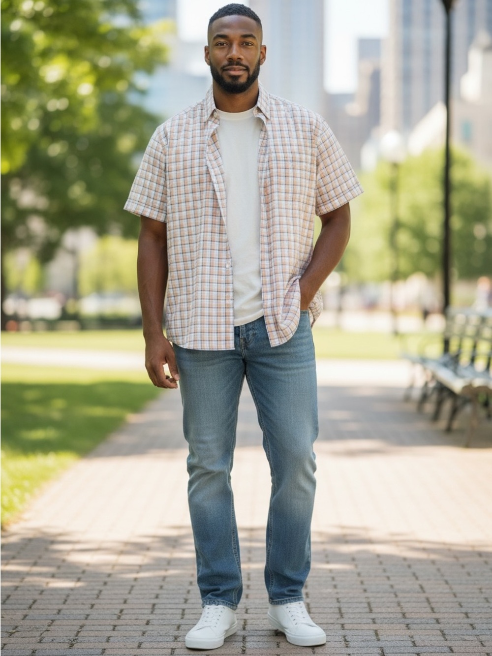Cubavera Orange & Blue Plaid Short-Sleeve Button Shirt
